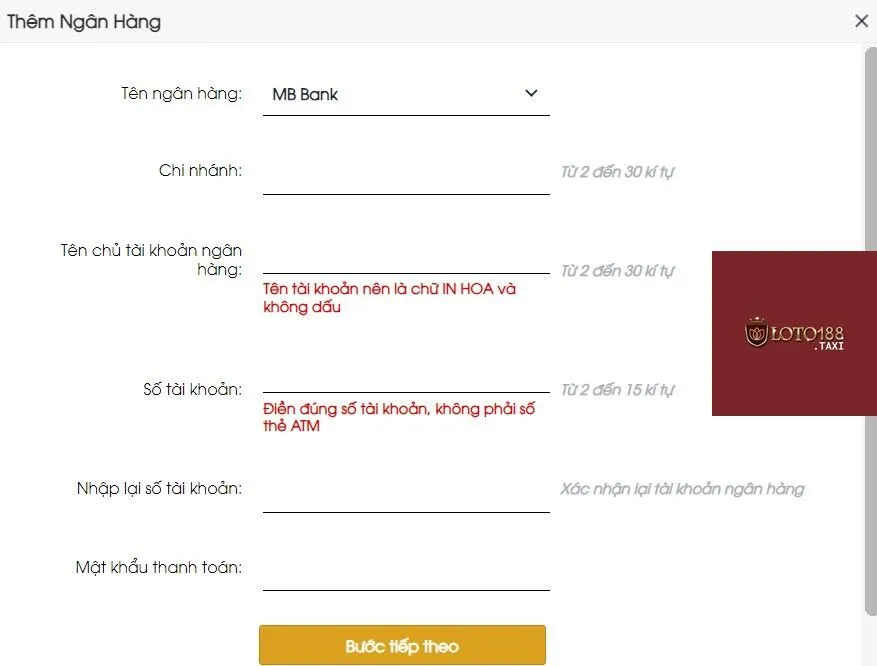 Bạn thêm thông tin tài khoản rút tiền