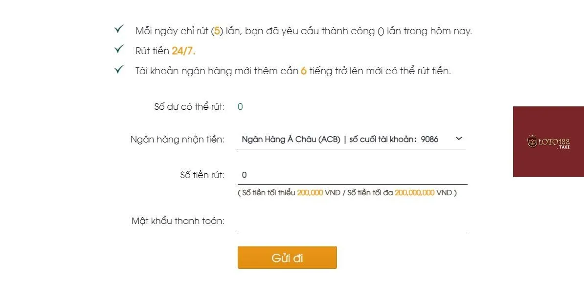 Người chơi điền các thông tin để rút tiền thành công